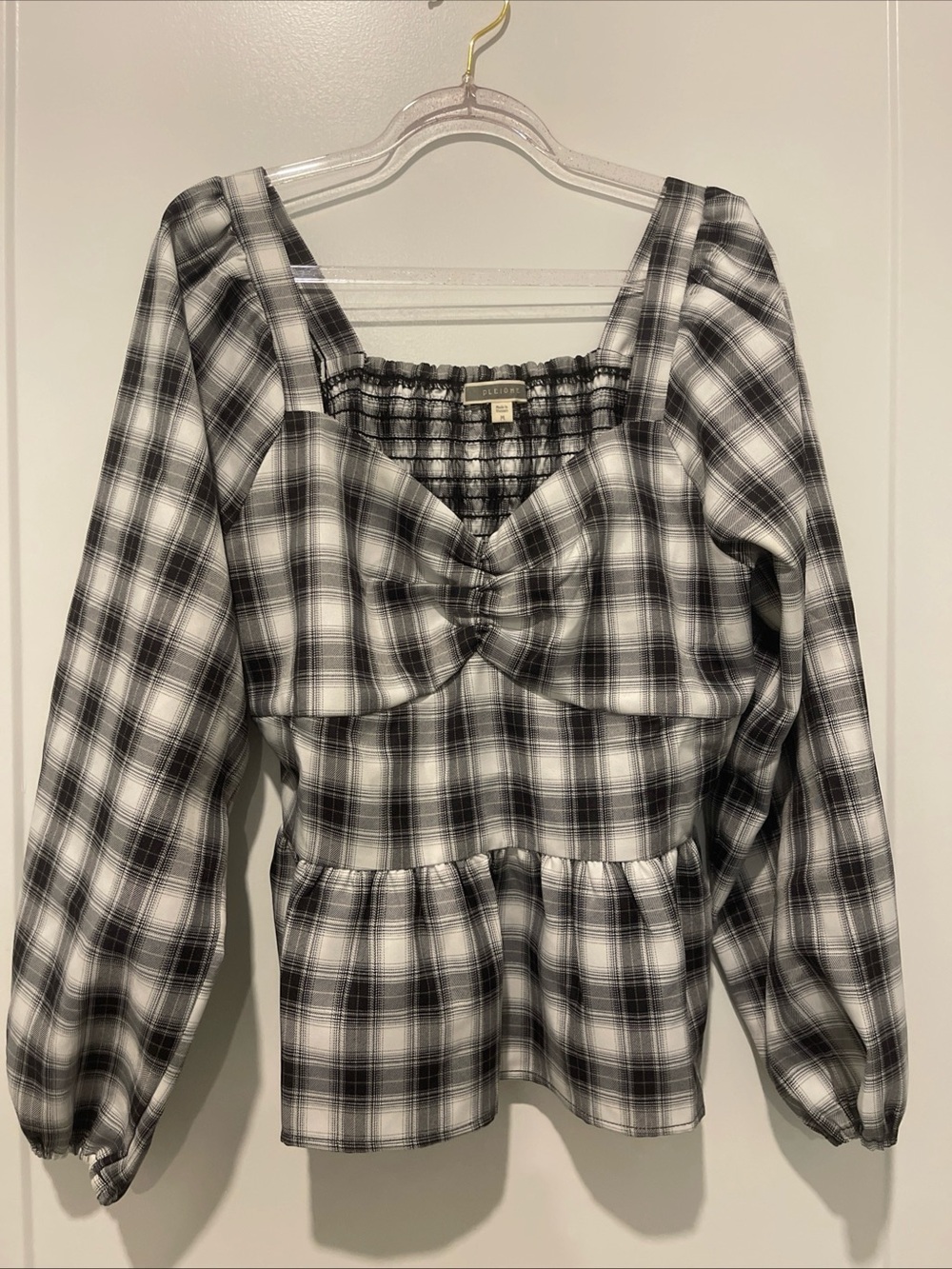 PLEIONE Black+White plaid Print Long sleeve M top